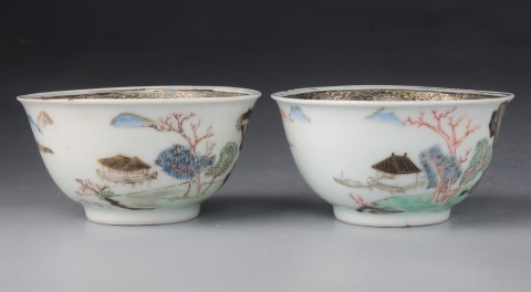 古玩陶瓷【3543-44】清雍正墨彩通景山水?dāng)y琴訪友圖杯拍賣(mài)，當(dāng)前價(jià)格23500元