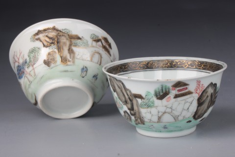 古玩陶瓷【3543-44】清雍正墨彩通景山水?dāng)y琴訪友圖杯拍賣(mài)，當(dāng)前價(jià)格23500元