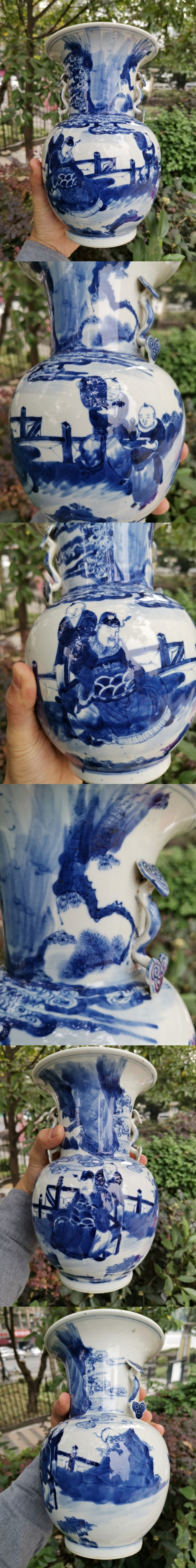 古玩陶瓷【3317-8】清晚期青花人物故事紋如意耳撇口尊一對拍賣，當前價格35800元