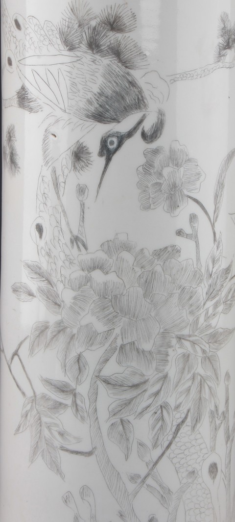 古玩陶瓷【2452】清同治  墨彩線描松鶴牡丹紋帽筒拍賣，當前價格2300元