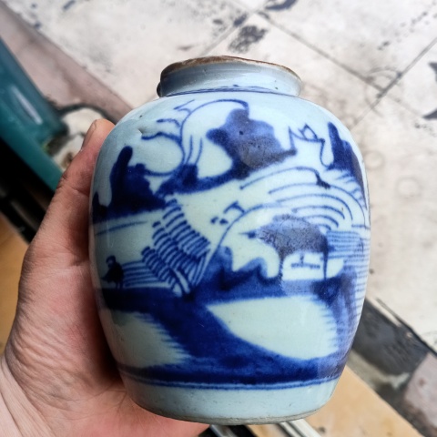 古玩陶瓷清中期青花山水紋罐拍賣,當前價格288元
