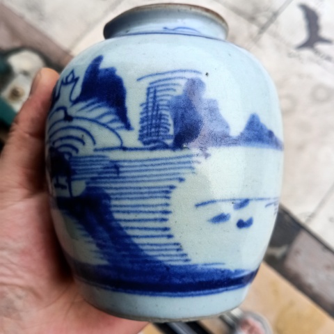 古玩陶瓷清中期青花山水紋罐拍賣,當前價格288元