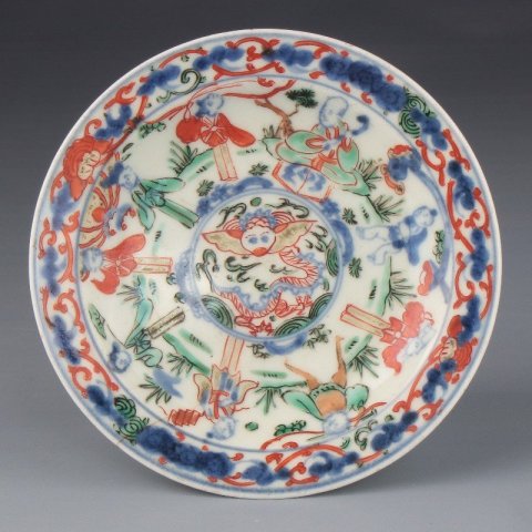 古玩陶瓷【*2228】明萬歷  青花五彩八仙賀壽盤拍賣，當前價格2980元