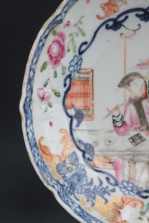 古玩陶瓷【4032】清乾隆 青花加彩庭院嬰戲紋花口盤拍賣,當前價格3180元