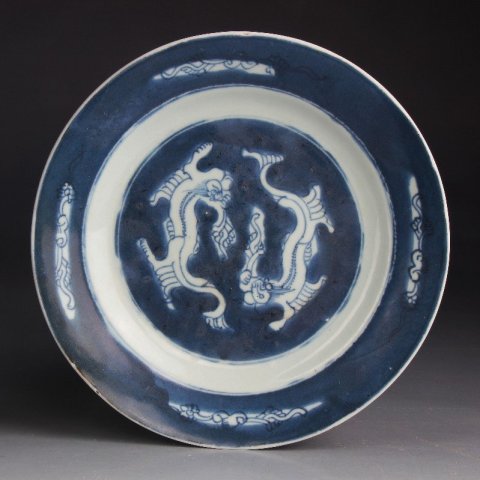 古玩陶瓷【4271】清康熙  青花雙龍紋盤拍賣，當前價格2000元