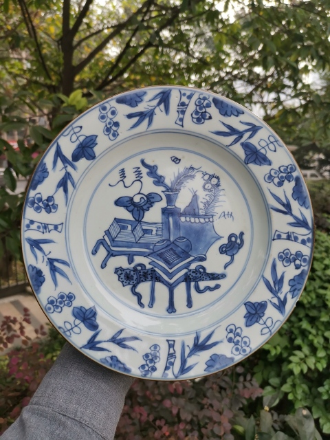 古玩陶瓷【*3356】清康熙 青花博古圖紋折沿盤拍賣,當前價格2000元