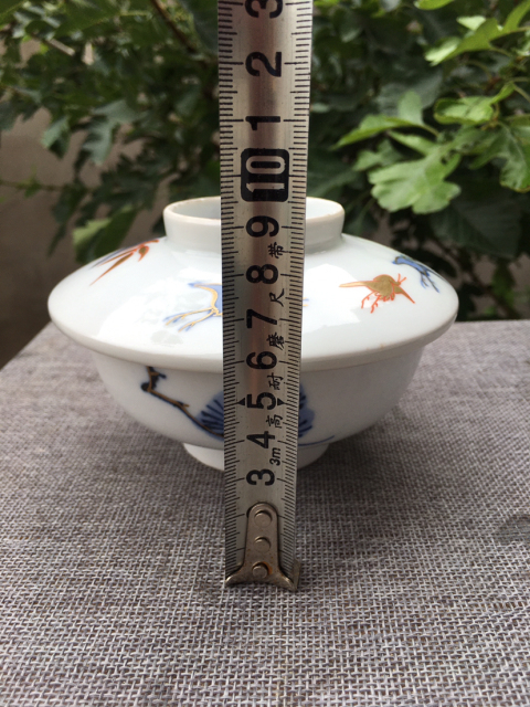 古玩陶瓷清末民初《松鶴》青花礬紅描金蓋碗拍賣,當前價格299元
