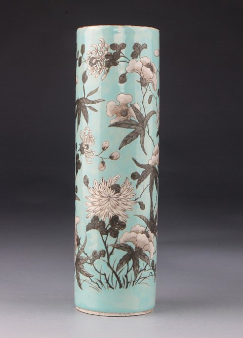 古玩陶瓷【*2646】清晚期  松石綠地墨彩花卉紋花插拍賣(mài)，當(dāng)前價(jià)格4800元