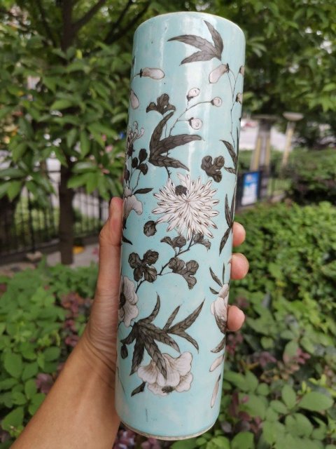 古玩陶瓷【*2646】清晚期  松石綠地墨彩花卉紋花插拍賣(mài)，當(dāng)前價(jià)格4800元