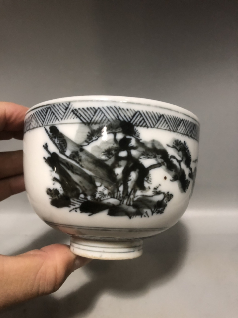 古玩陶瓷民國山水詩文青花茶杯拍賣,當前價格199元
