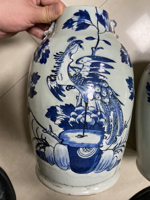 古玩陶瓷清道光 精品青釉青花洞石鳳凰紋大瓶一對拍賣,當前價格720元