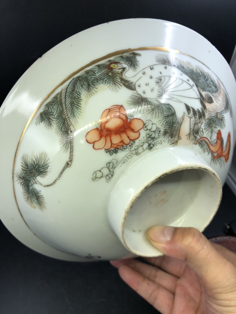 古玩陶瓷民國粉彩松鶴延年紋折沿大碗拍賣,當前價格1000元