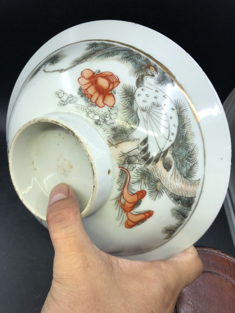 古玩陶瓷民國粉彩松鶴延年紋折沿大碗拍賣,當前價格1000元