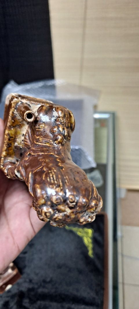 古玩陶瓷明末醬釉獅子一對拍賣，當前價格1600元