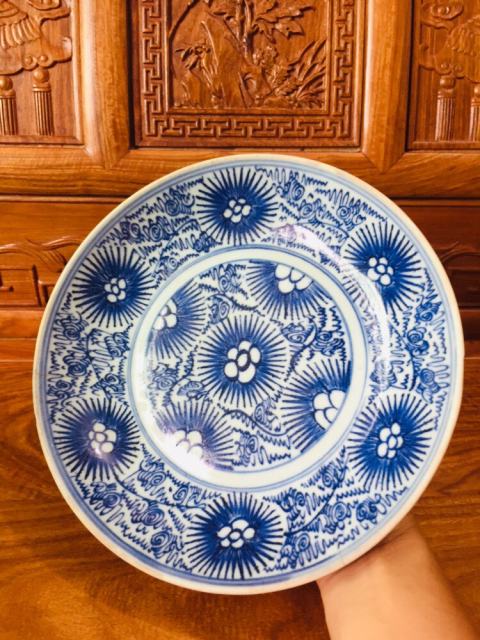 古玩陶瓷太陽花福字青花盤拍賣，當前價格1380元
