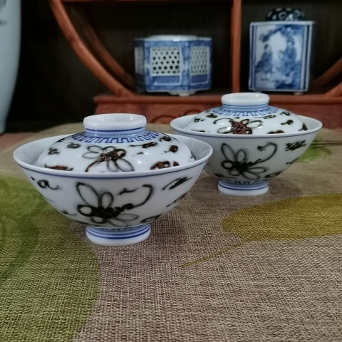 古玩陶瓷【青花釉下彩】晚清民國青花褐彩斗笠蓋茶盞一對拍賣，當前價格686元