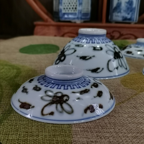 古玩陶瓷【青花釉下彩】晚清民國青花褐彩斗笠蓋茶盞一對拍賣，當前價格686元
