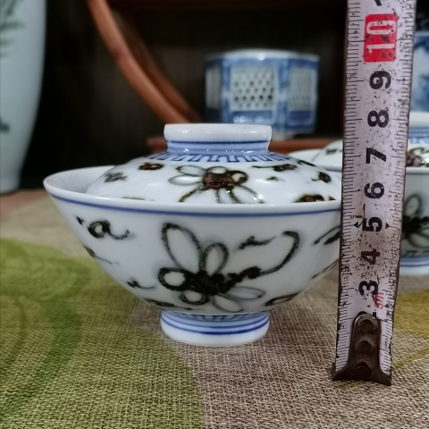古玩陶瓷【青花釉下彩】晚清民國青花褐彩斗笠蓋茶盞一對拍賣，當前價格686元