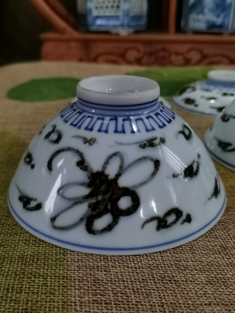 古玩陶瓷【青花釉下彩】晚清民國青花褐彩斗笠蓋茶盞一對拍賣，當前價格686元