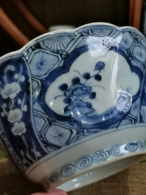 古玩陶瓷【盛惠】晚清民國青花花口大碗拍賣，當前價格600元