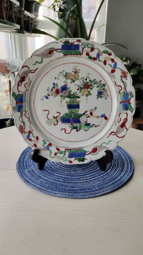 古玩陶瓷清康熙五彩博古花卉紋盤拍賣，當前價格6500元