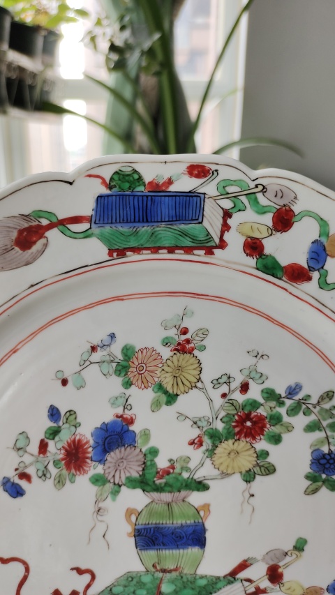 古玩陶瓷清康熙五彩博古花卉紋盤拍賣，當前價格6500元