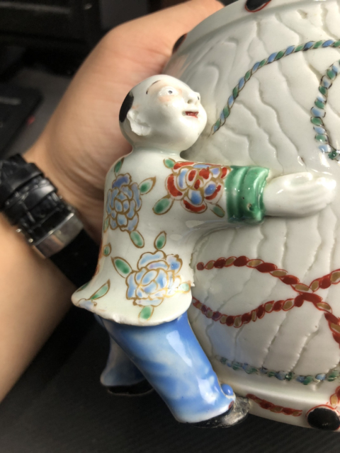 古玩陶瓷民國?童子鼓釘蓋罐拍賣,當前價格1666元