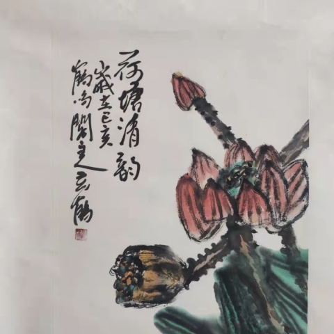 古玩字畫郭石夫關門弟子楊小娥老師荷塘清韻鏡片拍賣，當前價格688元