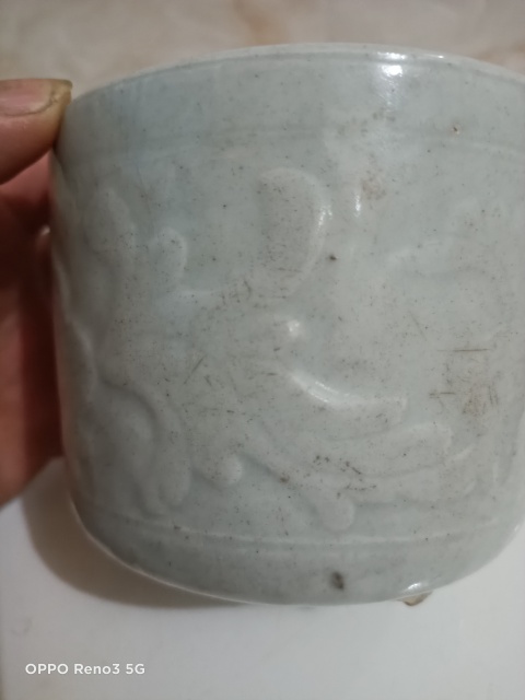 古玩陶瓷豆青釉三足筒式香爐拍賣,當前價格1800元