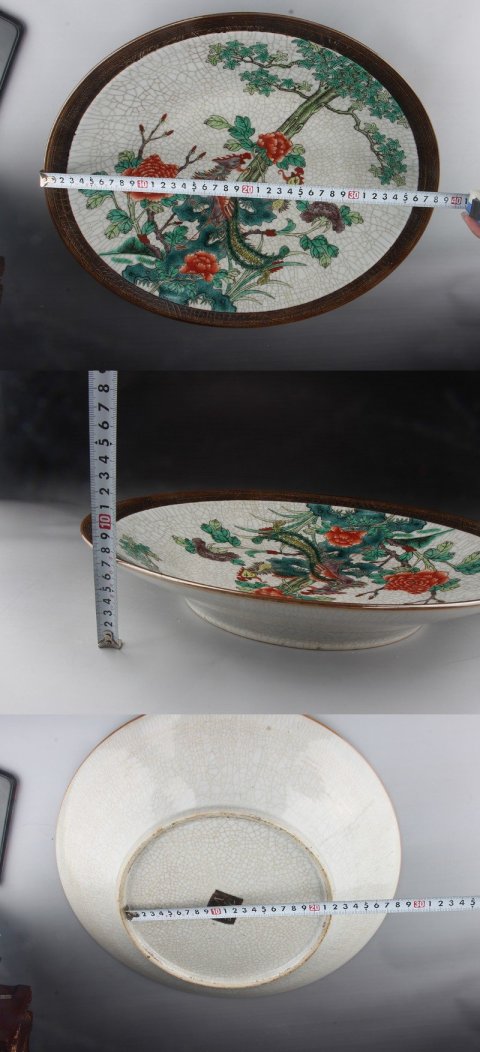 古玩陶瓷38cm清??哥釉五彩鳳凰牡丹紋大盤【4926】拍賣，當前價格8800元