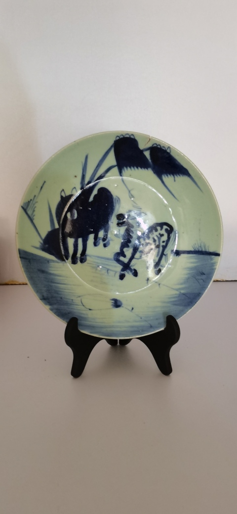 古玩陶瓷柳蔭雙駿圖青花盤拍賣，當前價格1800元