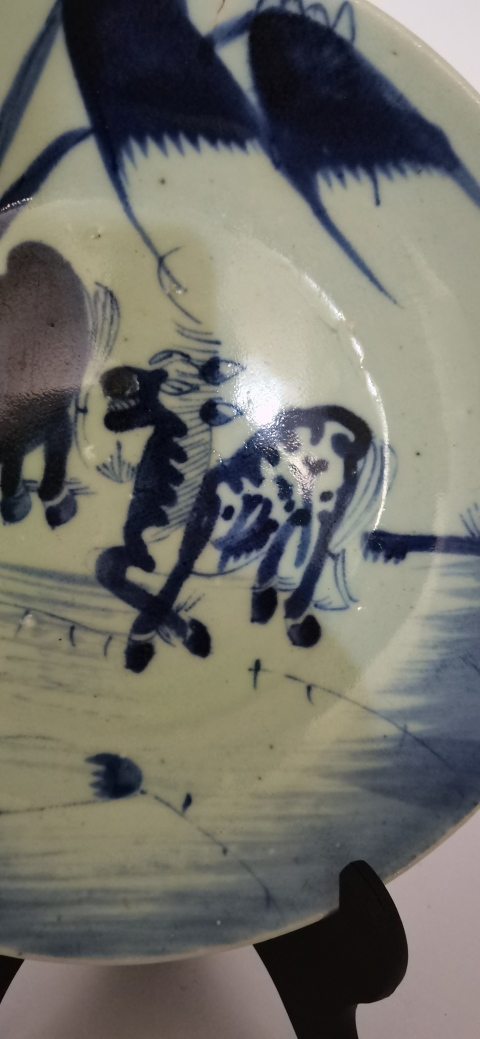 古玩陶瓷柳蔭雙駿圖青花盤拍賣，當前價格1800元