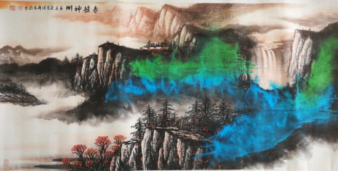 古玩字畫河南美協(xié)著名山水畫家任森雨潑彩山水春韻神州拍賣,當前價格299元