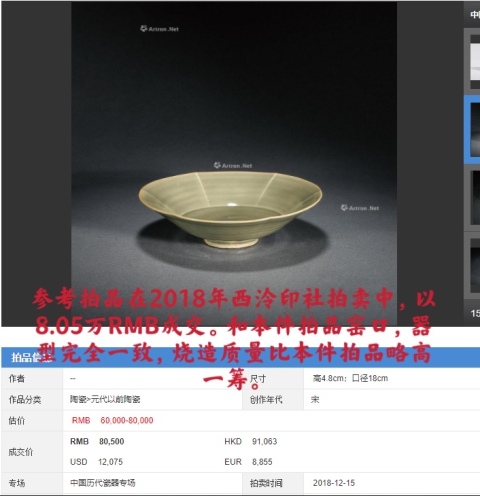 古玩陶瓷北宋·耀州窯花口出筋盤拍賣，當前價格23800元