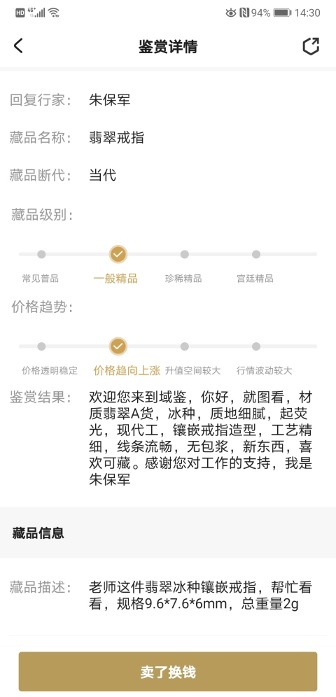 古玩玉器翡翠戒指拍賣，當前價格168元