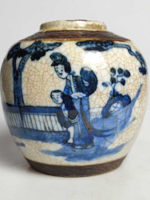古玩陶瓷晚清哥釉鐵銹青花三娘教子圖罐拍賣，當前價格999元