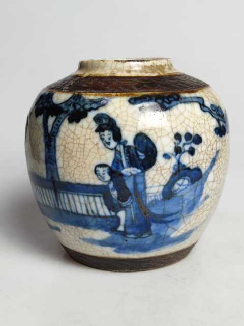 古玩陶瓷晚清哥釉鐵銹青花三娘教子圖罐拍賣，當前價格999元