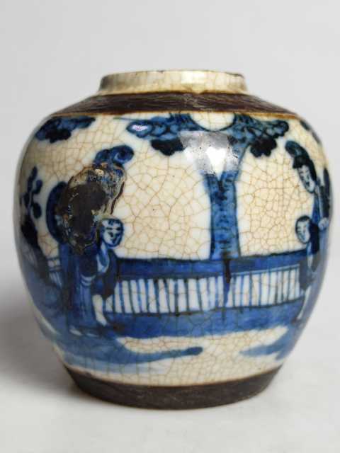 古玩陶瓷晚清哥釉鐵銹青花三娘教子圖罐拍賣，當前價格999元