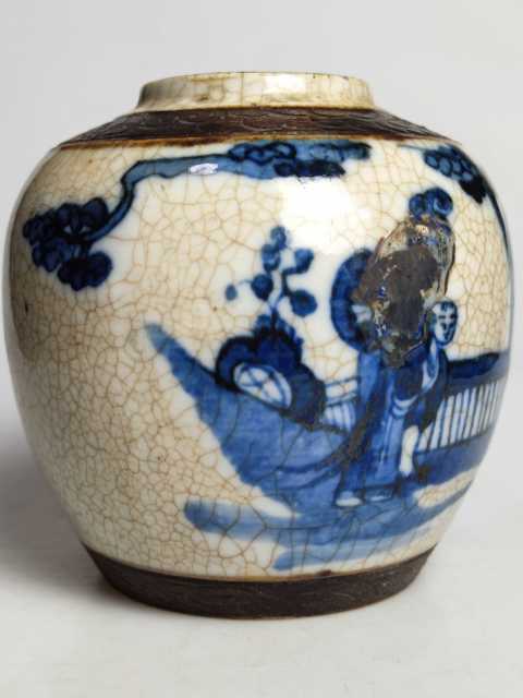 古玩陶瓷晚清哥釉鐵銹青花三娘教子圖罐拍賣，當前價格999元