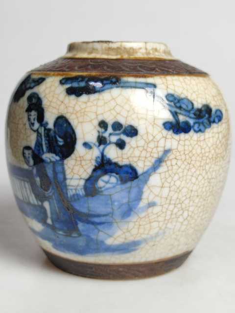 古玩陶瓷晚清哥釉鐵銹青花三娘教子圖罐拍賣，當前價格999元