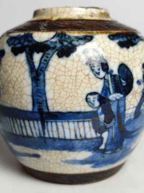 古玩陶瓷晚清哥釉鐵銹青花三娘教子圖罐拍賣，當前價格999元