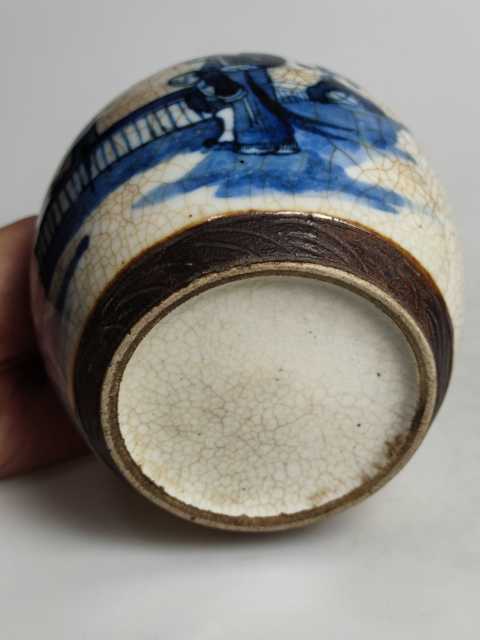 古玩陶瓷晚清哥釉鐵銹青花三娘教子圖罐拍賣，當前價格999元