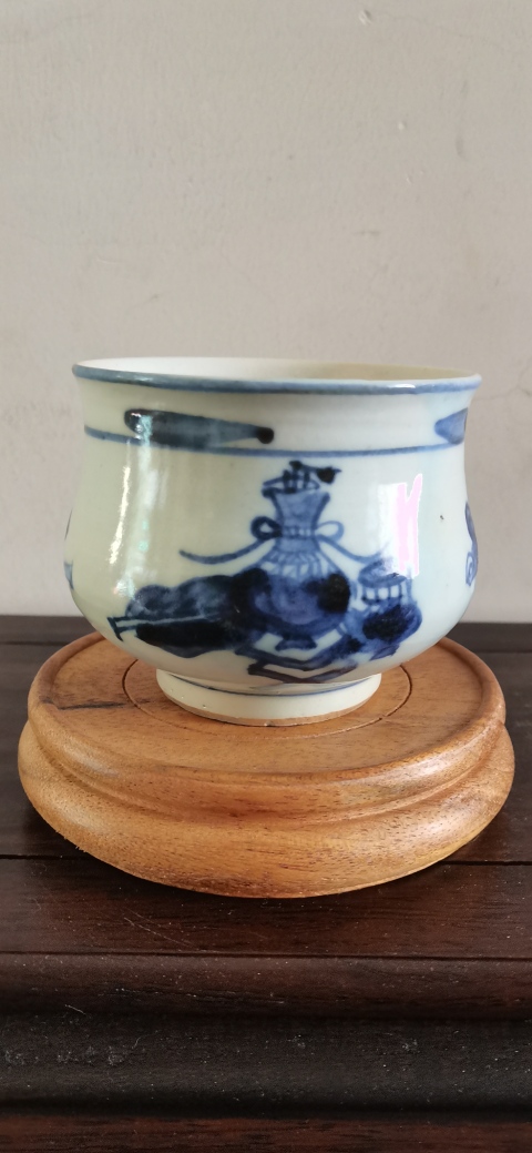 古玩陶瓷博古圖青花圈足缽式香爐拍賣，當前價格1500元
