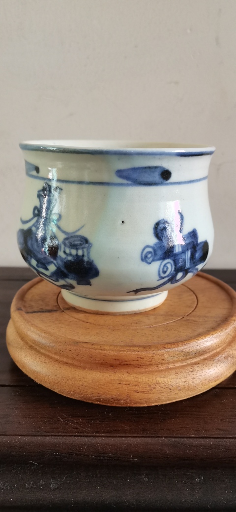 古玩陶瓷博古圖青花圈足缽式香爐拍賣，當前價格1500元