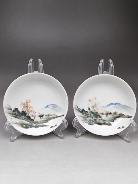 古玩陶瓷青綠山水彩山水紋盤一對拍賣,當前價格1999元
