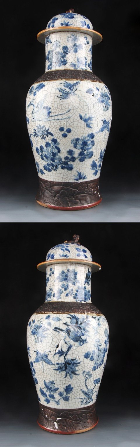 古玩陶瓷46cm清中期  鐵藝歌釉青花折枝花鳥紋蓋罐4996拍賣，當前價格3180元