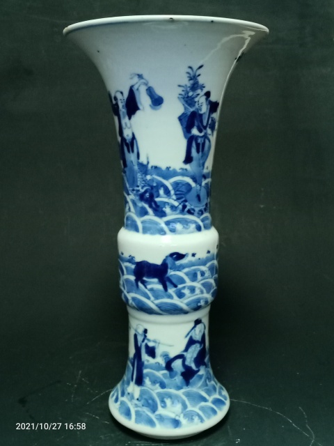 古玩陶瓷晚清青花八仙過海紋花觚拍賣，當前價格2888元