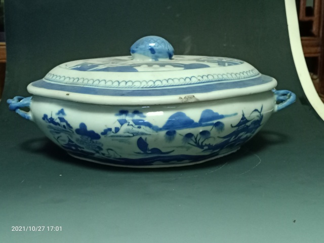 古玩陶瓷清中青花山水樓閣紋湯盆拍賣，當前價格1888元