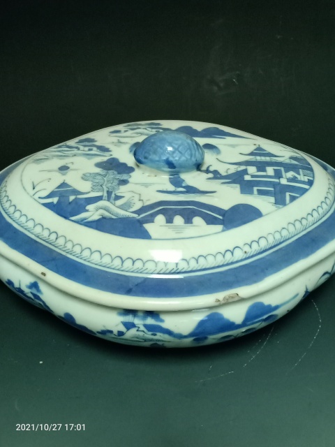 古玩陶瓷清中青花山水樓閣紋湯盆拍賣，當前價格1888元