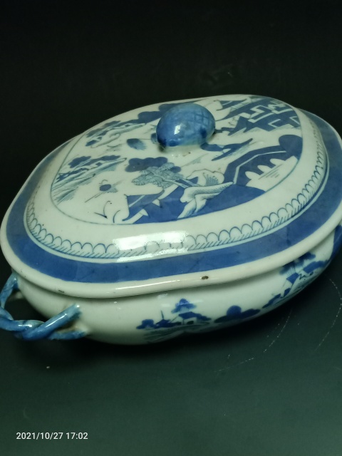 古玩陶瓷清中青花山水樓閣紋湯盆拍賣，當前價格1888元